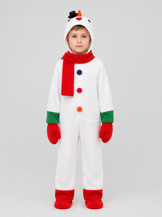 Snowman Costume: Jumpsuit with Scarf and Mittens on-model view
