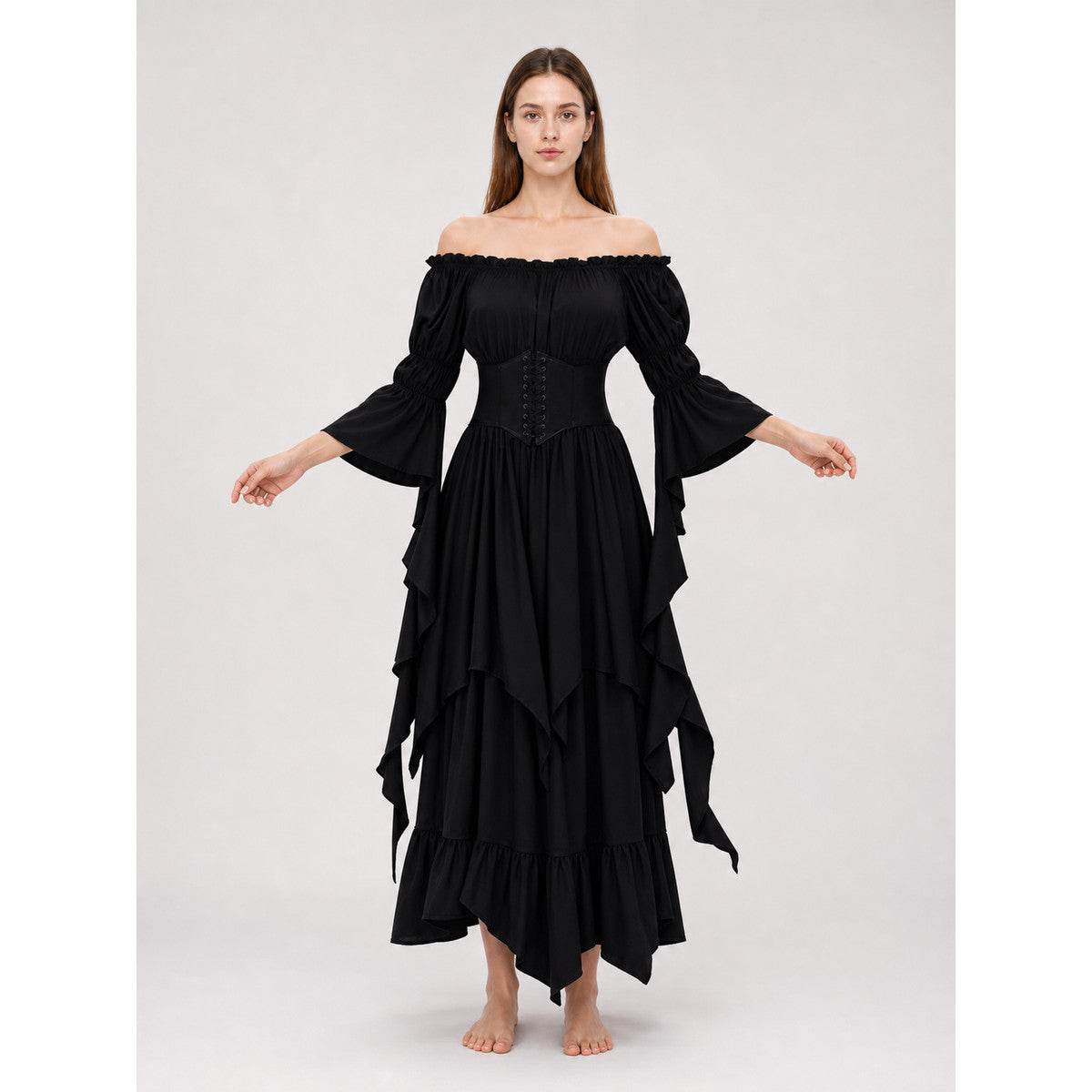 Black Gothic Maxi Dress with Corset Lacing