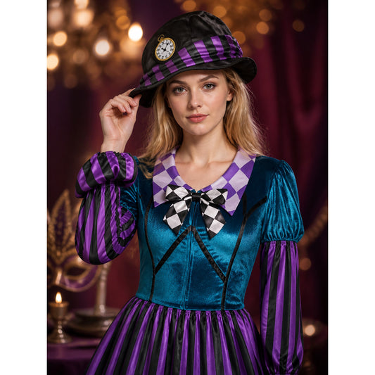 Women's Magician Costume Set with Hat and Bow Tie, Blue and Purple Halloween on-model view