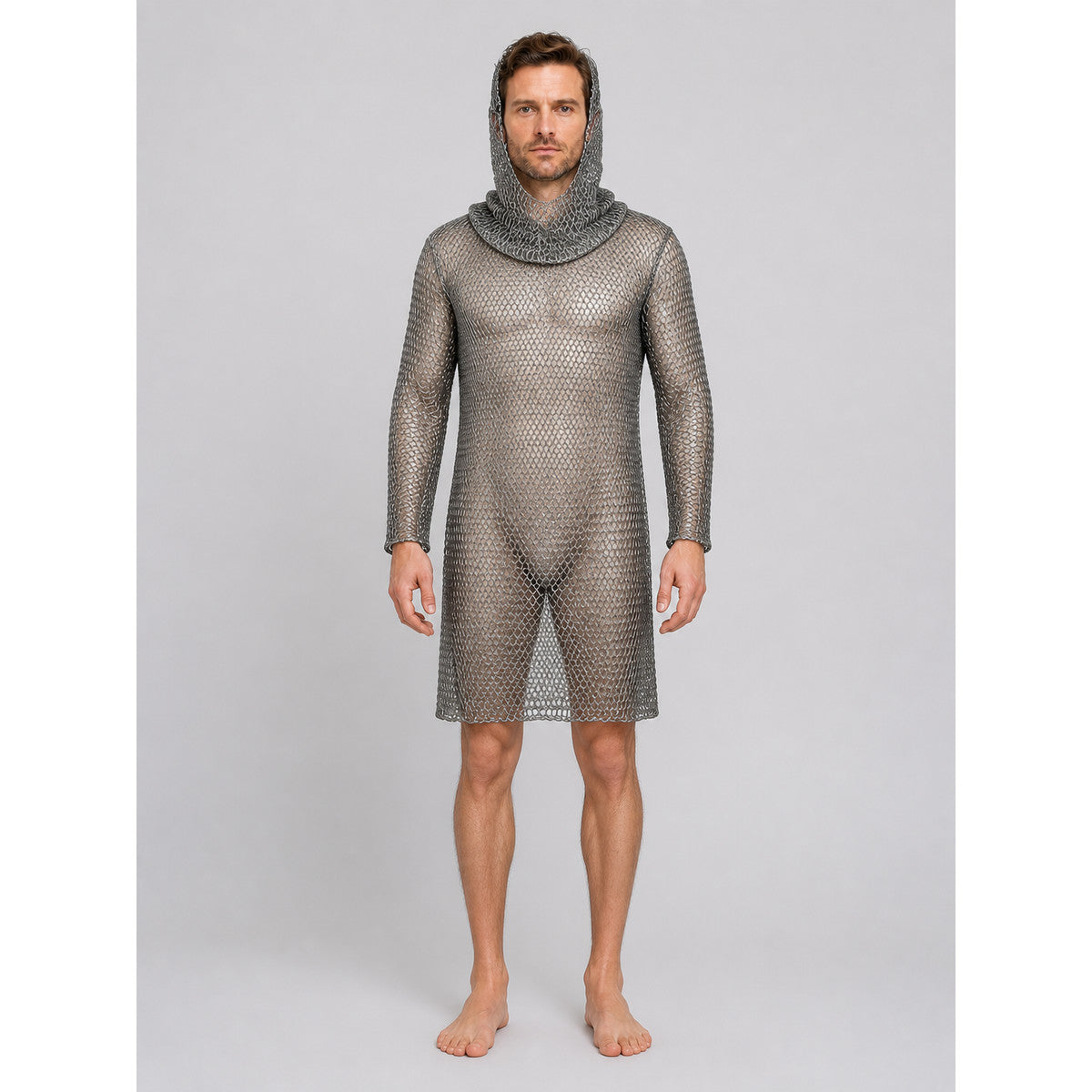 Silver Hooded Chainmail Dress with Diamond-Patterned Mesh on-model view