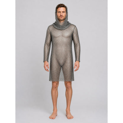 Silver Hooded Chainmail Dress with Diamond-Patterned Mesh on-model view
