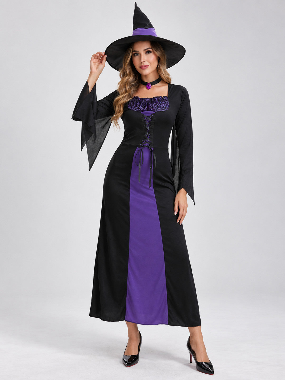 Witch Costume: Black and Purple Dress, Hat, and Neck Accessory