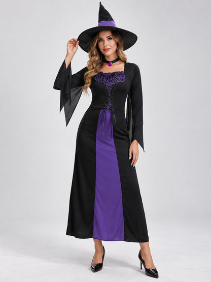 Witch Costume: Black and Purple Dress, Hat, and Neck Accessory