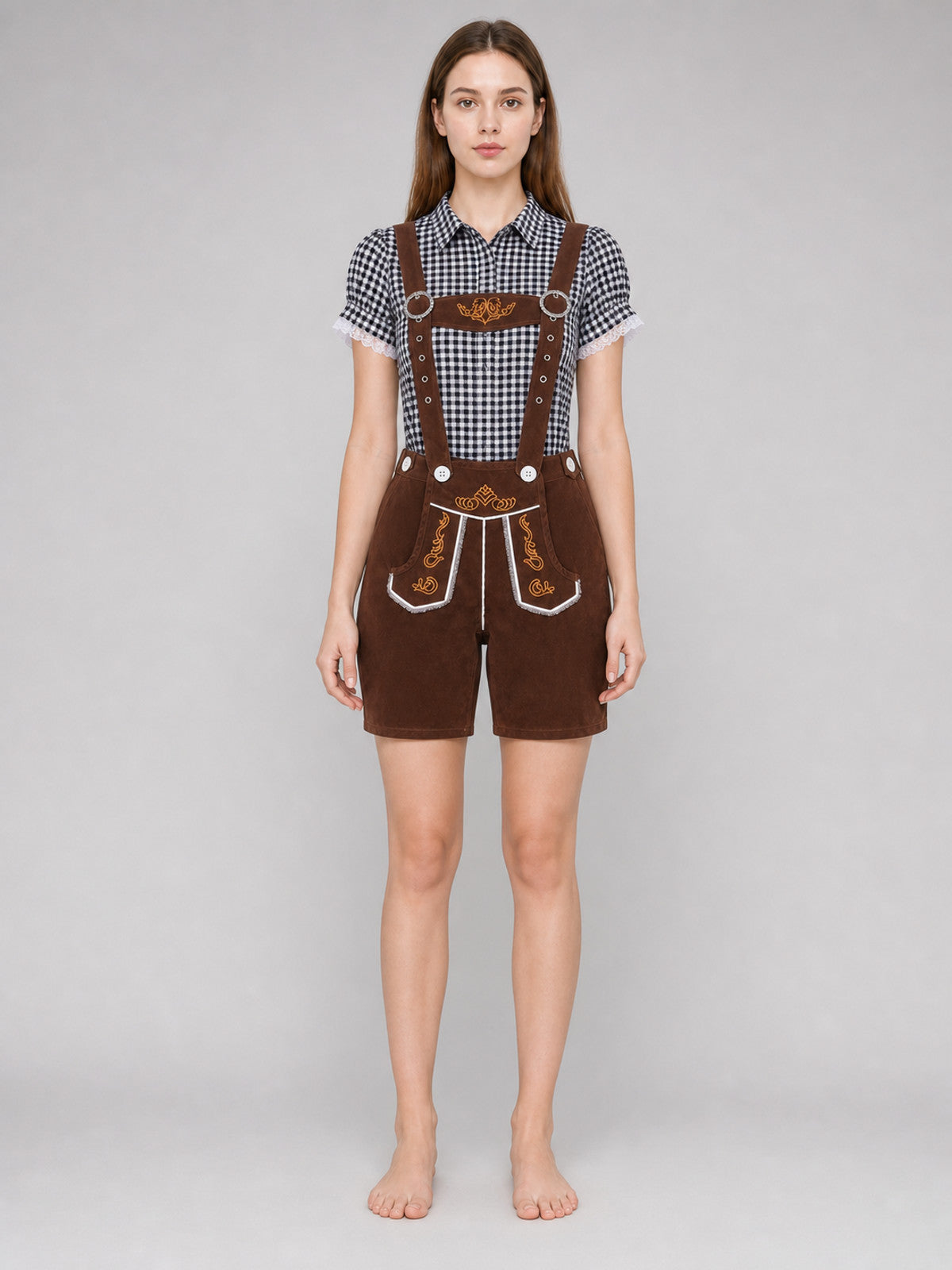 Shirt and Brown Suspender Shorts Set front view