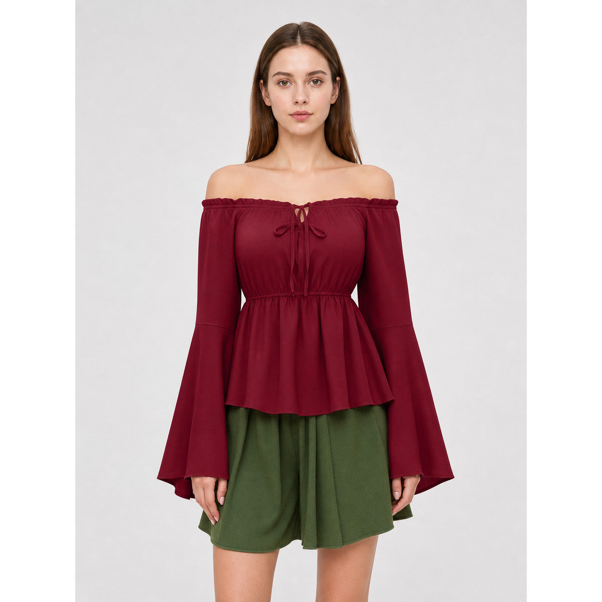 Off-the-Shoulder Blouse with Flared Cuffs on-model view