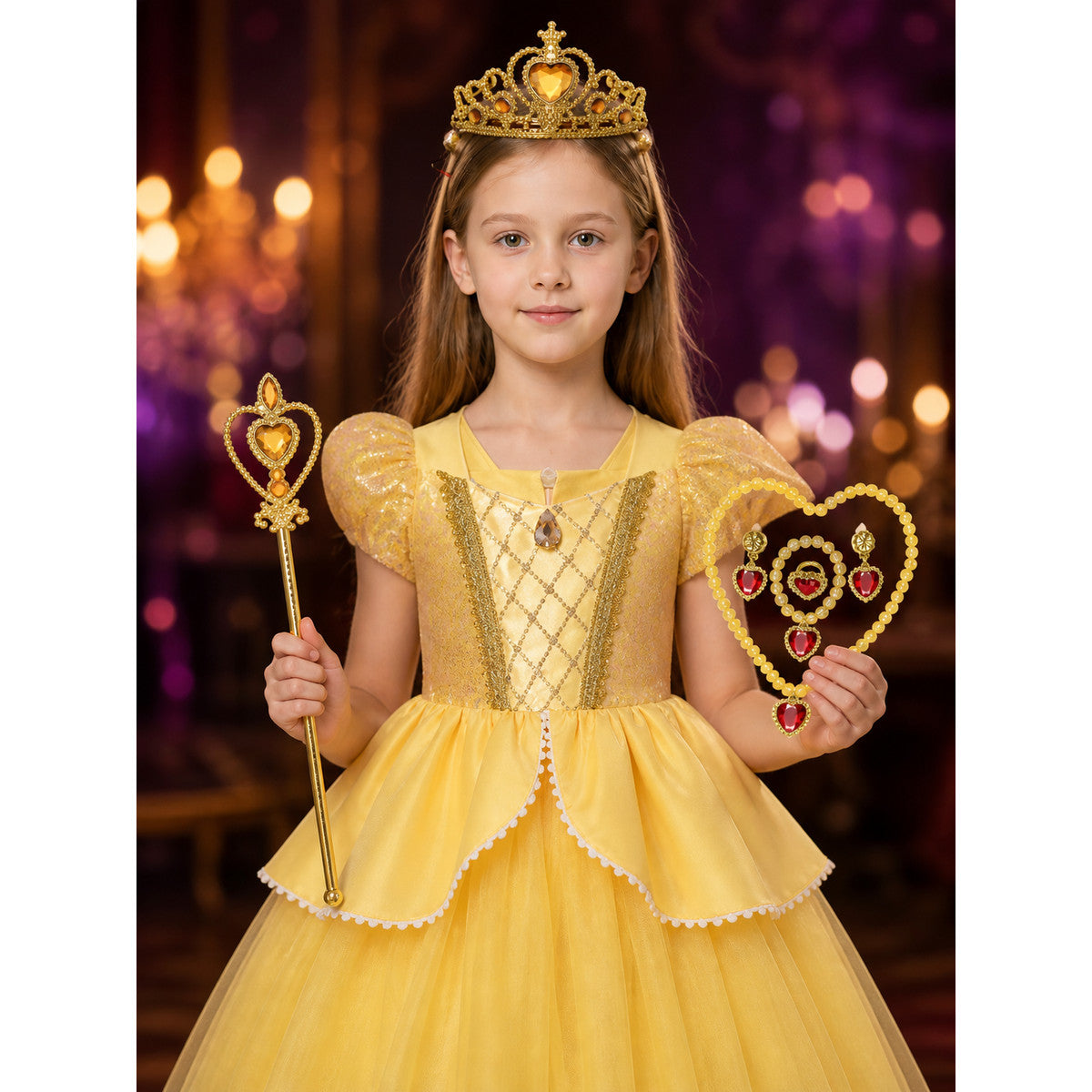 Girls Yellow Princess Sequin Tulle Dress Costume Set with Crown and Magic Wand on-model view