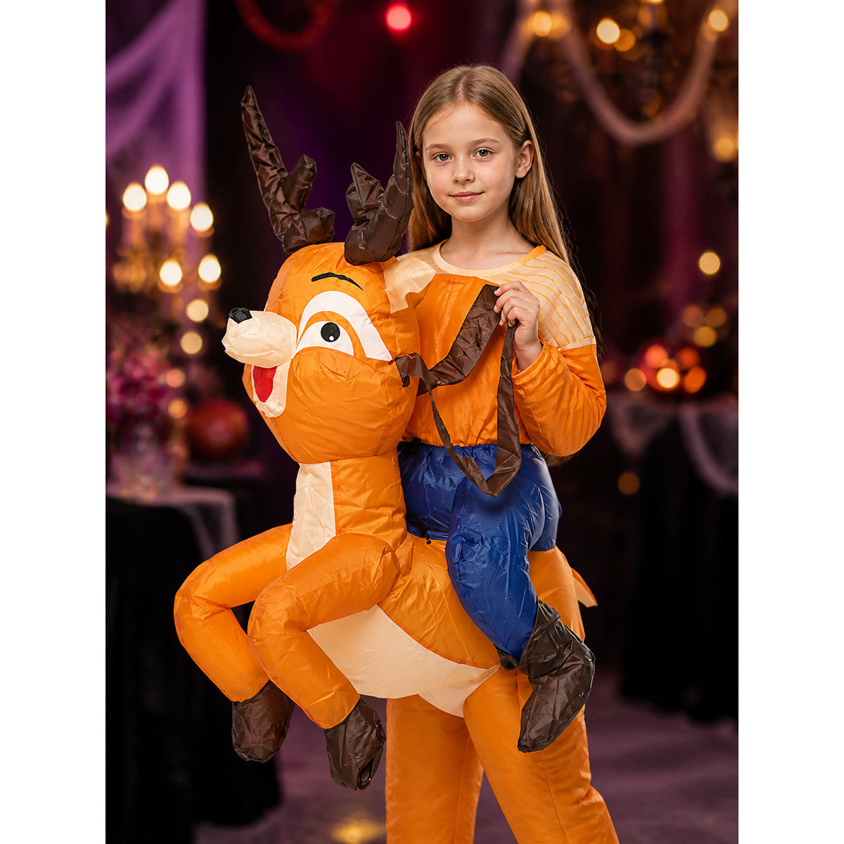 Unisex Inflatable Reindeer Costume with Blue Saddle and Brown Antlers for on-model view