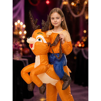 Unisex Inflatable Reindeer Costume with Blue Saddle and Brown Antlers for on-model view