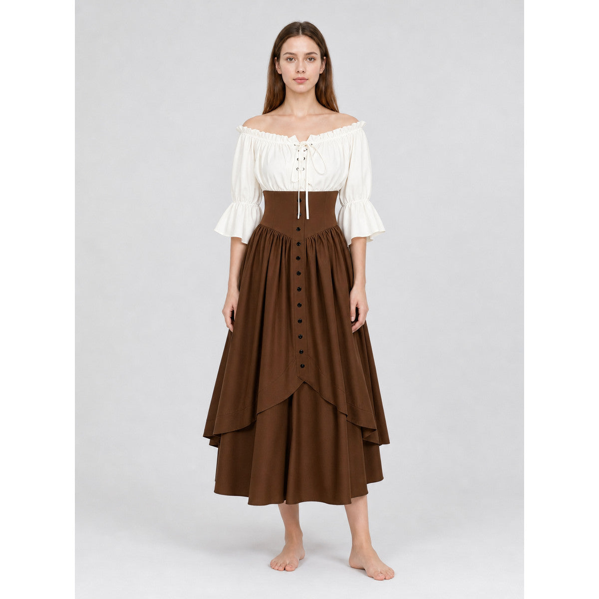 Brown Medieval-Style Dress with Ruffles on-model view