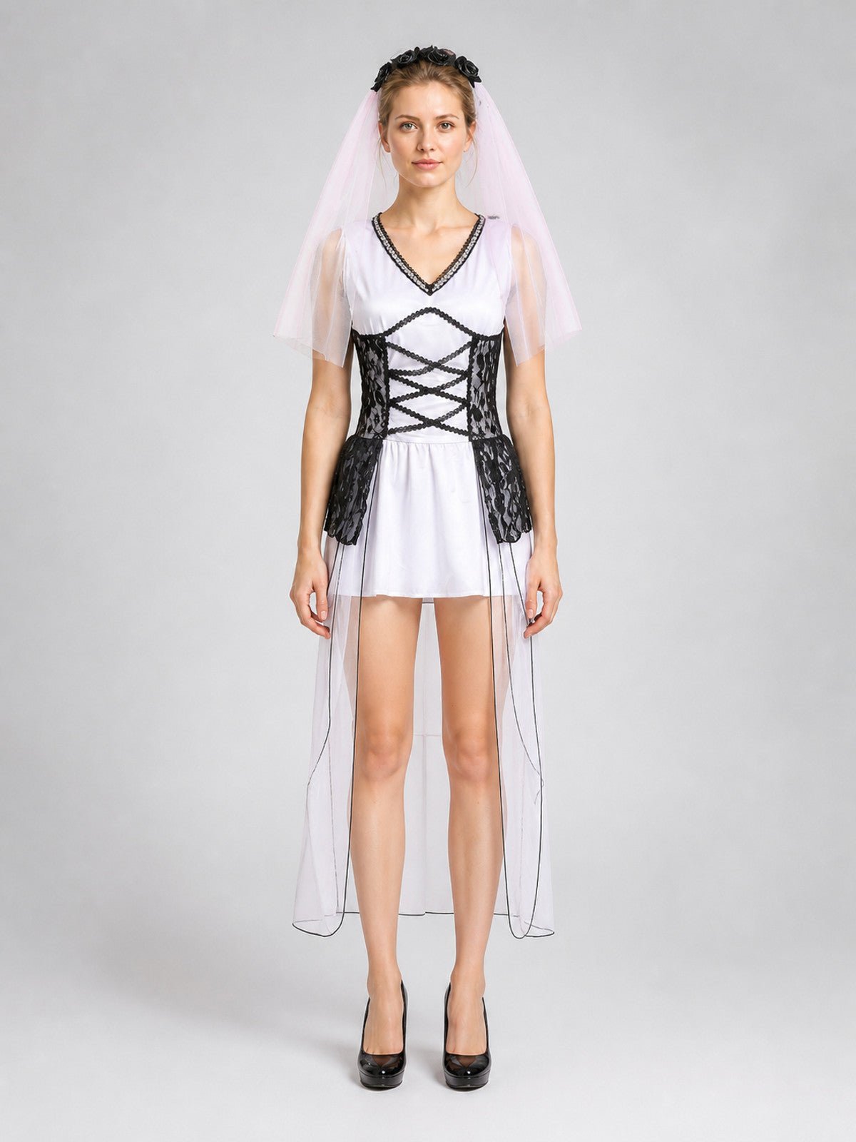 Gothic Ghost Bride Dress with Veil for Halloween on-model view