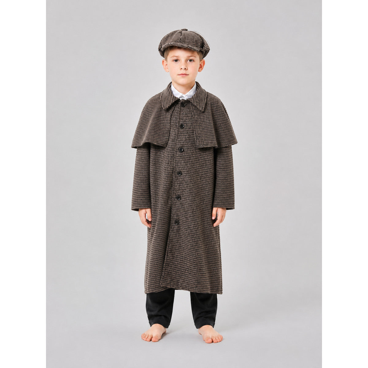Children’s Detective Costume: Plaid Coat and Cap on-model view