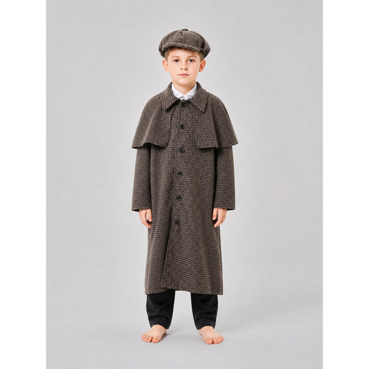 Children’s Detective Costume: Plaid Coat and Cap on-model view