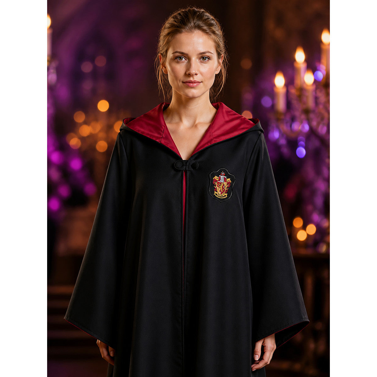 Hooded Wizard Robe Costume, Black Long Cape with Red Inner Lining and School on-model view