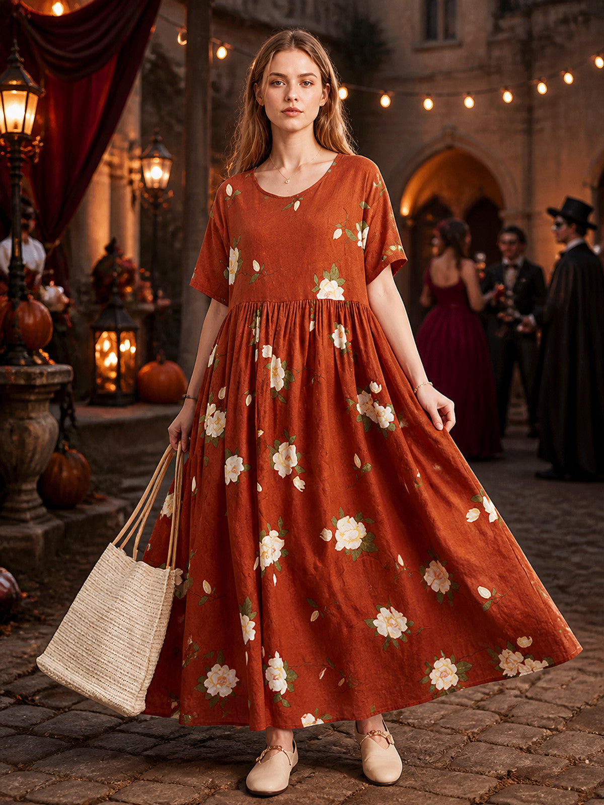Rust Red Floral Print Short Sleeve Long Dress with Pleated High Waist and A-Line
