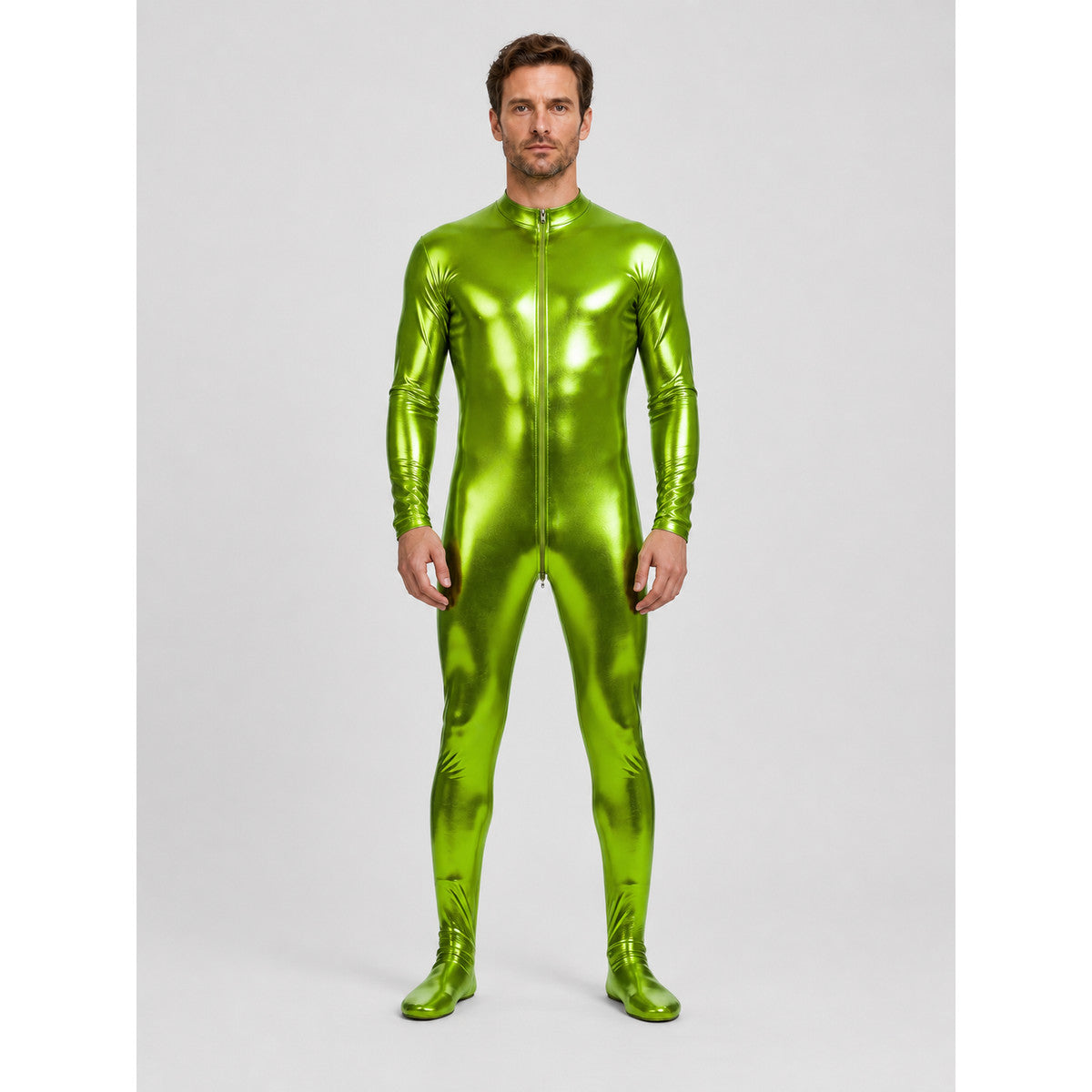 Shiny Green Form-Fitting Jumpsuit with Zipper for the Stage