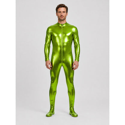 Shiny Green Form-Fitting Jumpsuit with Zipper for the Stage