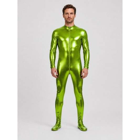 Shiny Green Form-Fitting Jumpsuit with Zipper for the Stage