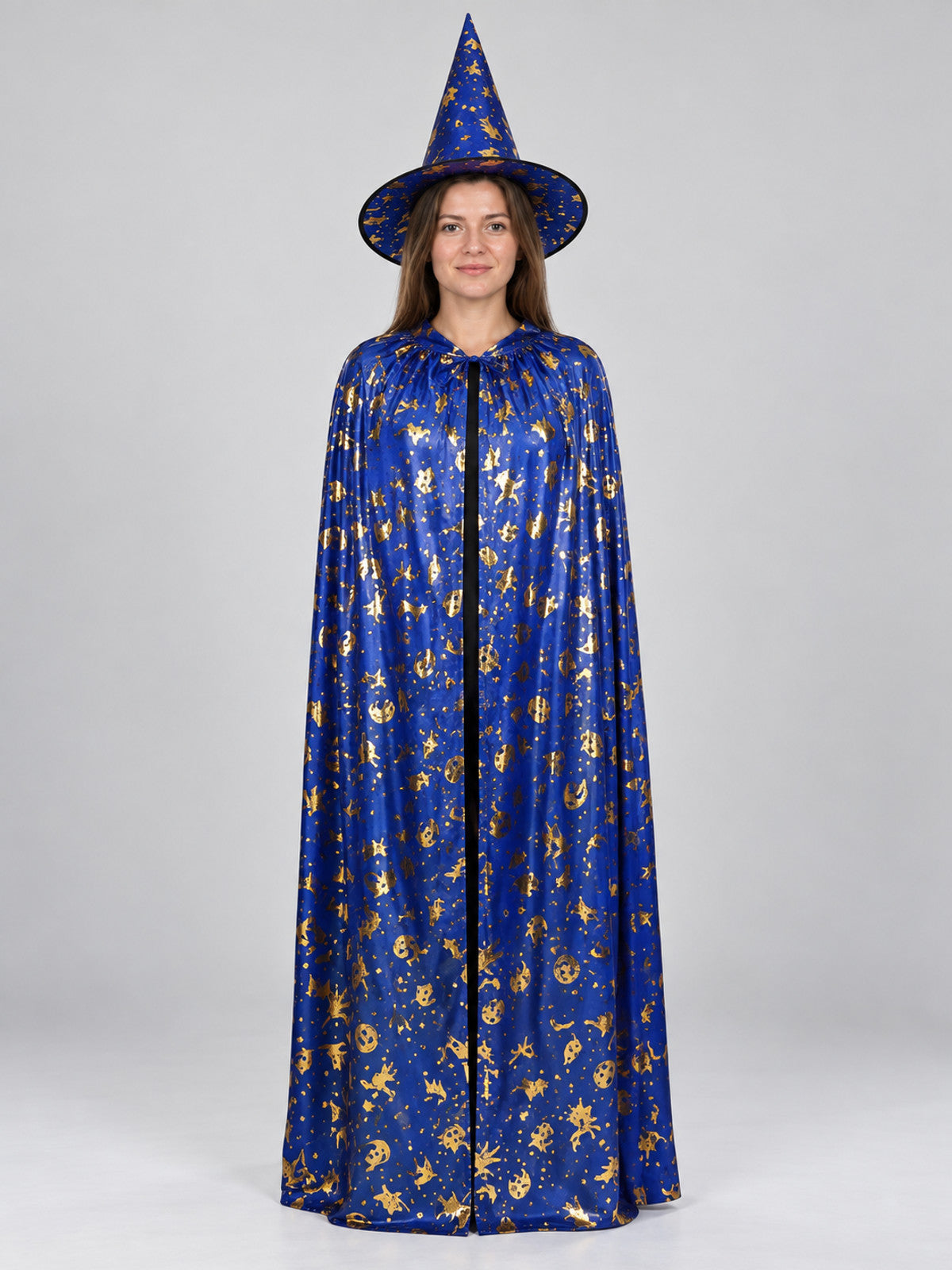 Carnival costume with floor-length cape and hat, blue