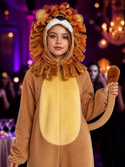 Toddler Animal Jumpsuit Costume With Mane Hood, Tail And Foot Covers on-model view