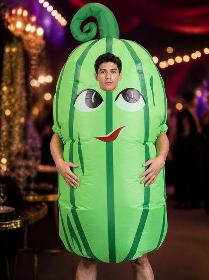 Inflatable Cactus Costume with Cartoon Face, Green Striped Halloween Outfit on-model view