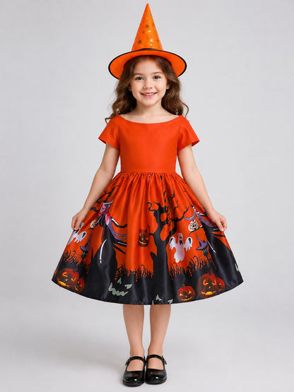 Children's Halloween Party Dress with Hat on-model view