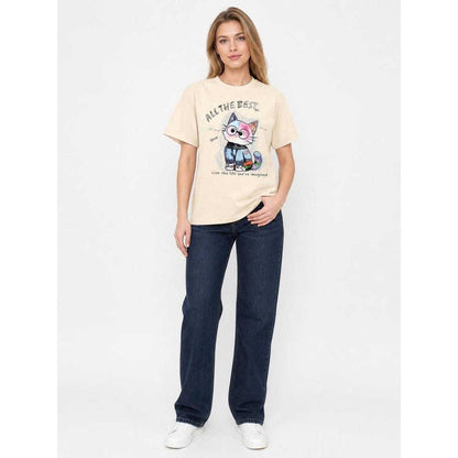 Apricot Cat Print T-Shirt for Parties