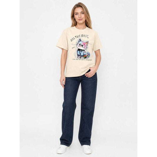 Apricot Cat Print T-Shirt for Parties