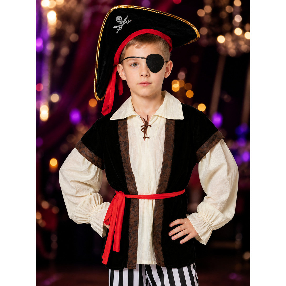 Boy's Pirate Costume Set with Hat, Eye Patch, Belt and Striped Pants on-model view