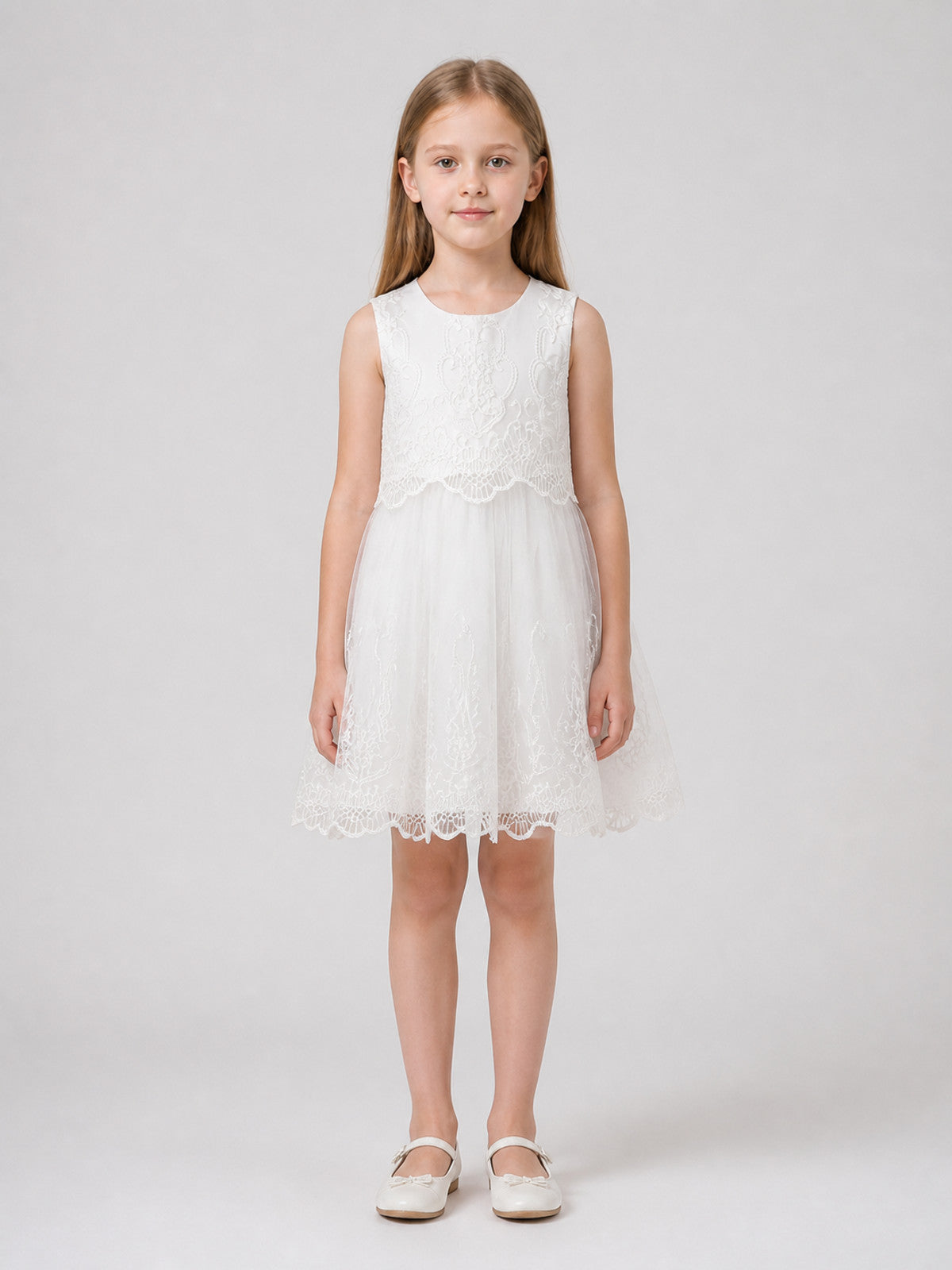 White Sleeveless Dress with Lace and Embroidery on-model view