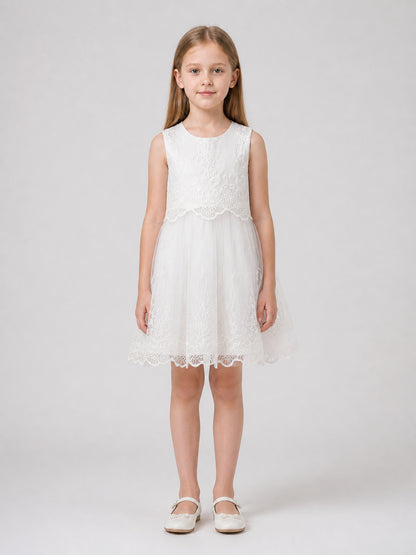 White Sleeveless Dress with Lace and Embroidery on-model view