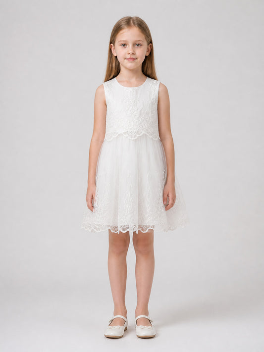 White Sleeveless Dress with Lace and Embroidery on-model view