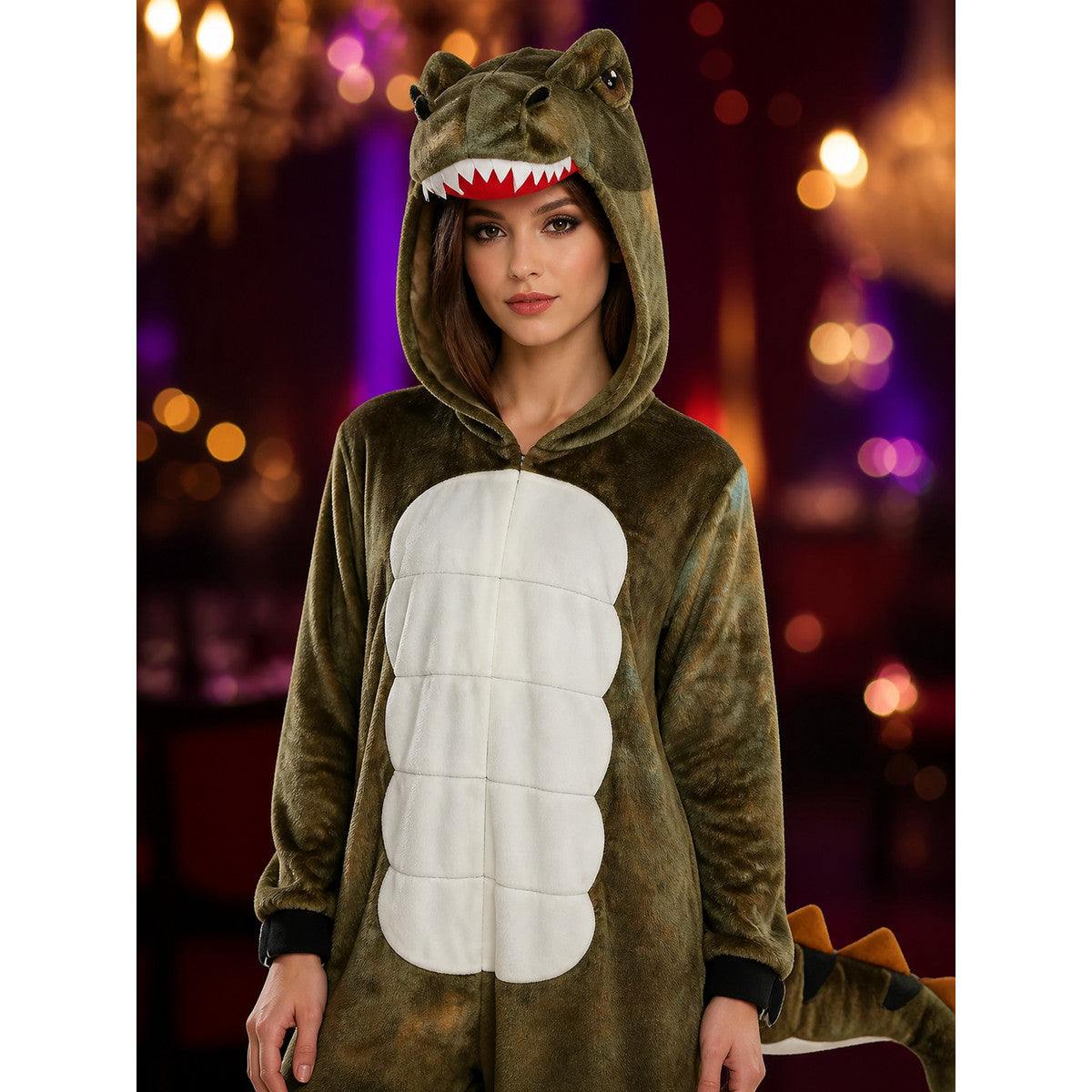 Little Dinosaur Hooded Onesie Costume with Tail and Claw Feet on-model view