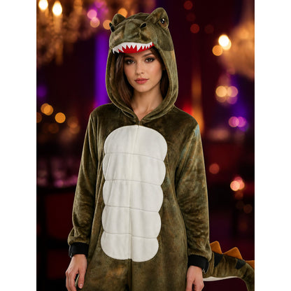 Little Dinosaur Hooded Onesie Costume with Tail and Claw Feet on-model view