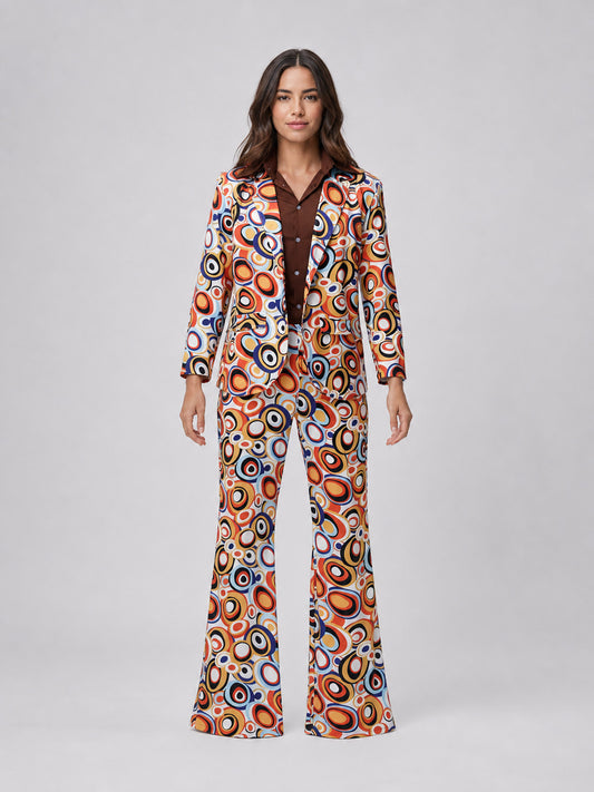 Retro disco costume suit with multicolor circle-print jacket, brown shirt and matching flared pants, front view