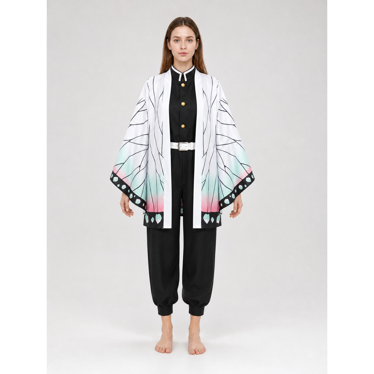 Anime-style cosplay costume with cloak and accessories on-model view