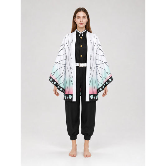 The set is designed in anime cosplay style and includes several pieces for creating a striking look. The main piece is a long white cloak with wide, loose-flowing sleeves. A graphic black pattern runs across the cloak, resembling branches o