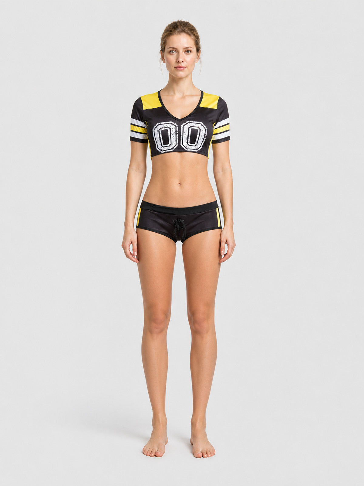 Cheerleading Costume Set: Top and Shorts with Number 00 on-model view