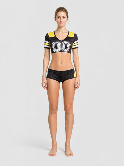 Cheerleading Costume Set: Top and Shorts with Number 00 on-model view