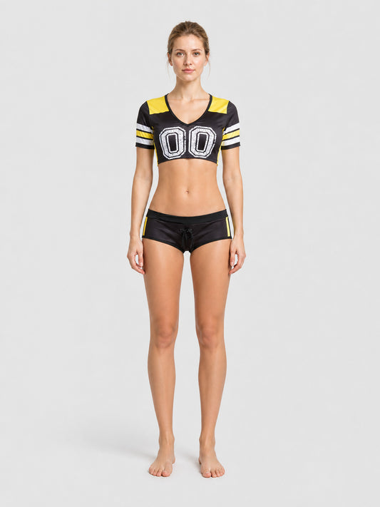 Cheerleading Costume Set: Top and Shorts with Number 00 on-model view