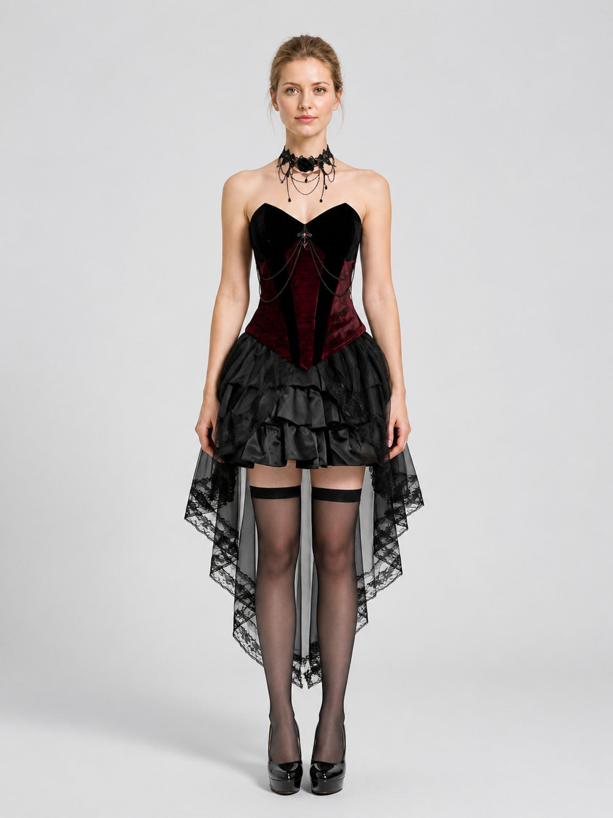 Gothic Black-and-Red Halloween Costume Dress on-model view