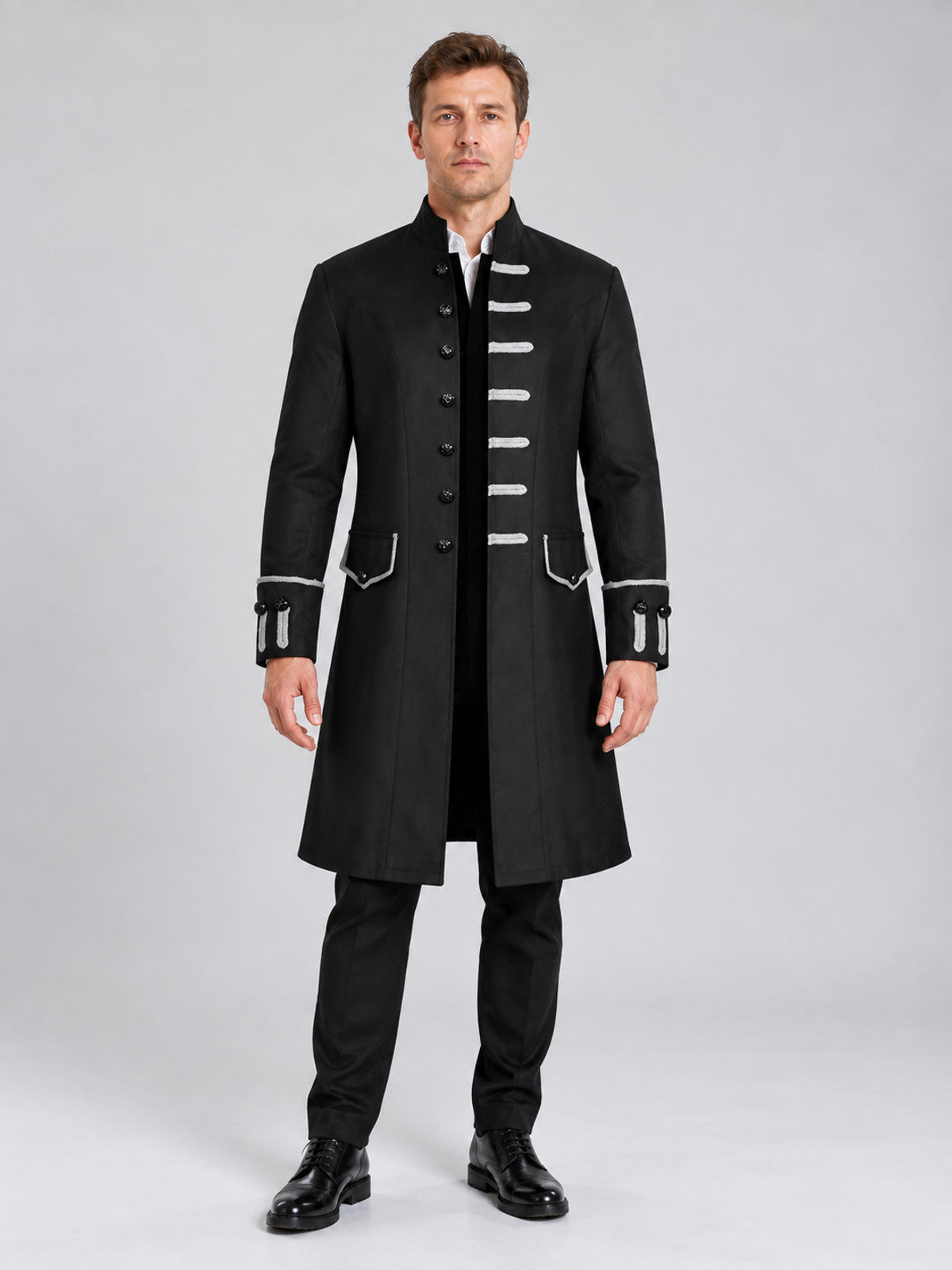 Gothic Black Long Frock Coat with Stand Collar