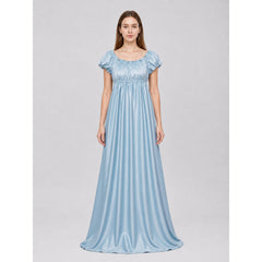 Light Blue Floor-Length Ball Dress with Puff Sleeves
