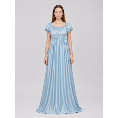Light Blue Floor-Length Ball Dress with Puff Sleeves front view