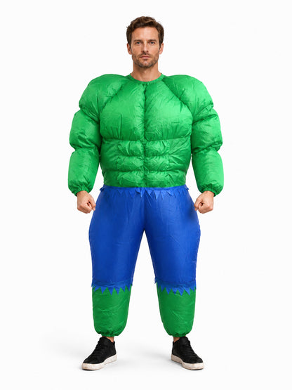 Inflatable jumpsuit, blue-green with zigzag trim front view