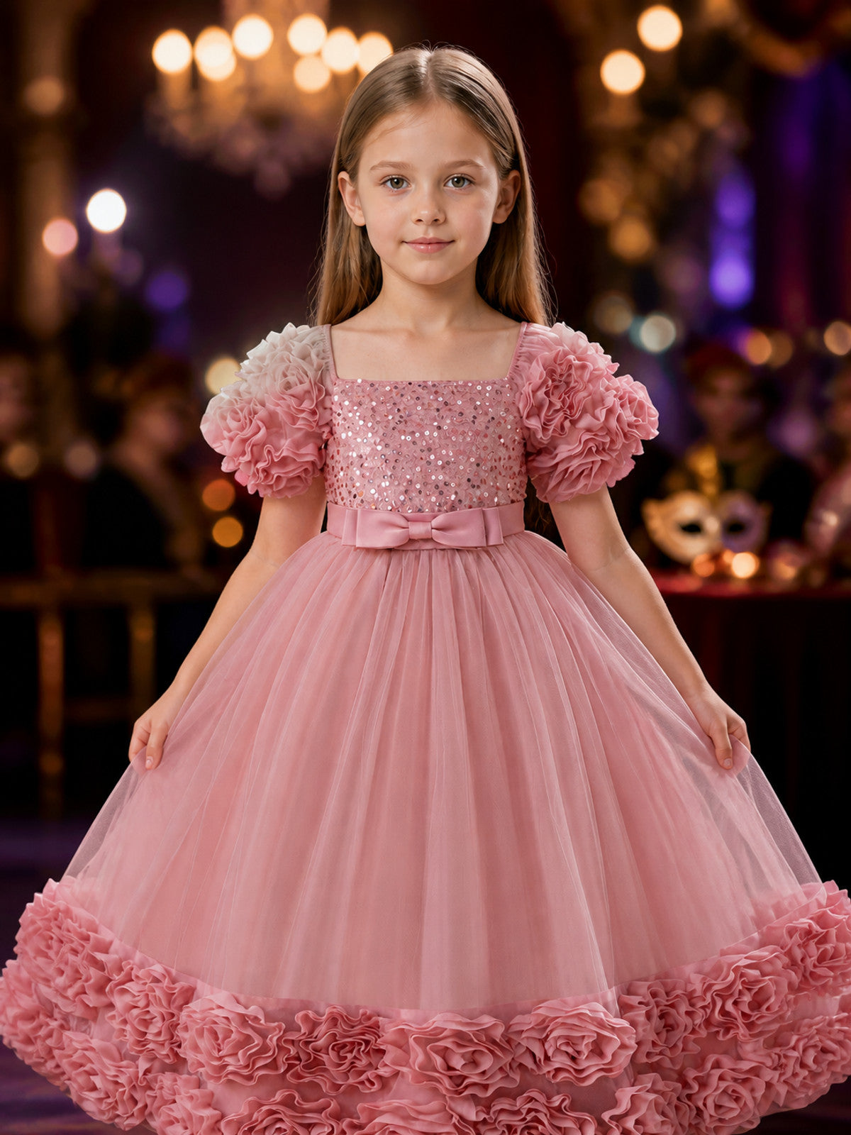 Girls' Princess Formal Dress with Sequined Bodice, Puff Sleeves, Tulle Skirt and on-model view