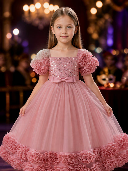 Girls' Princess Formal Dress with Sequined Bodice, Puff Sleeves, Tulle Skirt and on-model view