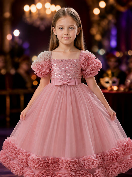 Girls' Princess Formal Dress with Sequined Bodice, Puff Sleeves, Tulle Skirt and on-model view