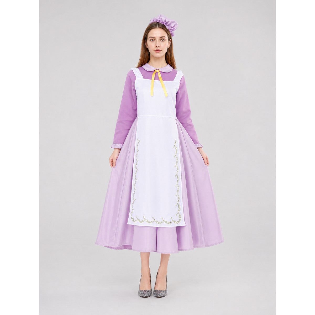 Purple dress costume with apron and bonnet on-model view