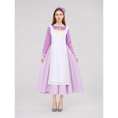 Women's Purple Maid Dress Costume with White Apron, Bonnet & Yellow Ribbon Tie