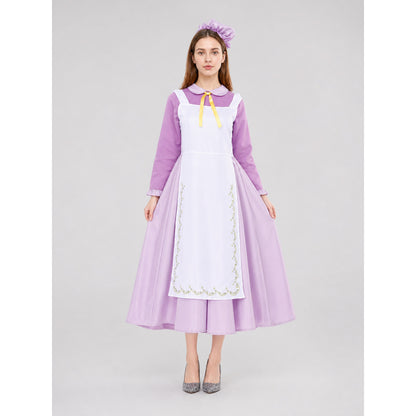 Purple dress costume with apron and bonnet on-model view